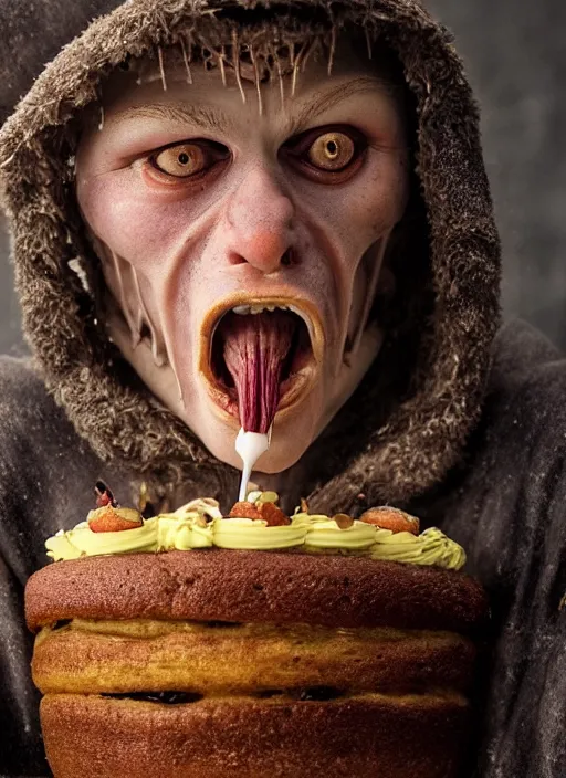 Prompt: closeup portrait of a medieval goblin eating cakes, depth of field, zeiss lens, detailed, symmetrical, centered, fashion photoshoot, by Annie Leibovitz and Steve McCurry, David Lazar, Jimmy Nelsson, Breathtaking, 8k resolution, extremely detailed, beautiful, establishing shot, artistic, hyperrealistic, beautiful face, octane render