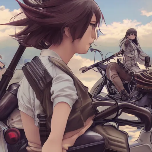 Prompt: anime style, panoramic view, a girl riding a motorbike, symmetrical facial features, vintage, soldier clothing, battlefield in background, hair down, real faces, from arknights, hyper realistic, 4 k, extreme detail, trending artstation, safebooru, realistic lighting, by alphonse mucha, greg rutkowski, sharp focus