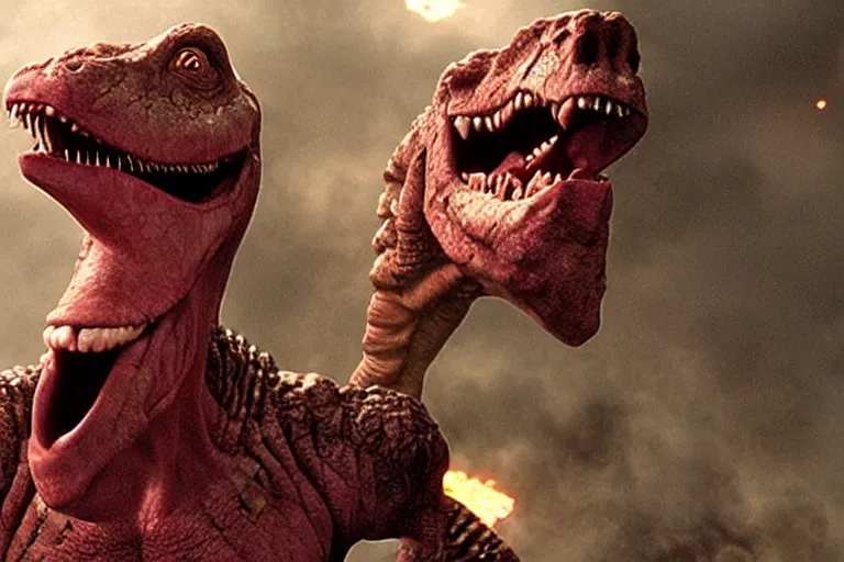 Image similar to VFX movie where Barney the Dinosaur plays the Terminator by James Cameron