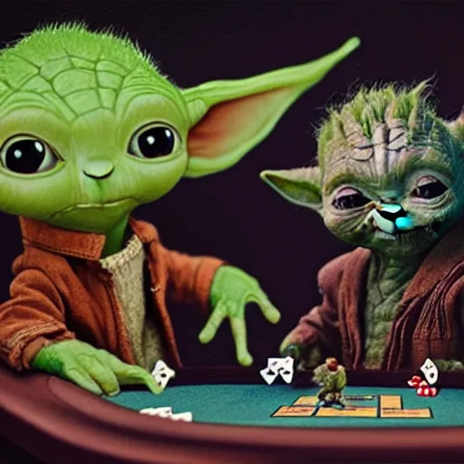 Image similar to baby groot and baby yoda playing poker, painting, 4k, high resolution