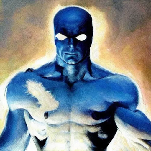 Prompt: painting by Frank Frazetta of Christian Bale as Dr. Manhattan in Watchmen