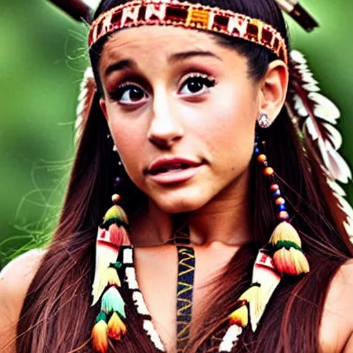 Image similar to ariana grande as a beautiful native american from 300 years ago, colour, photography, realistic,