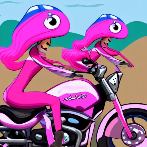 Prompt: pink female Squid creatures riding a motorcycle