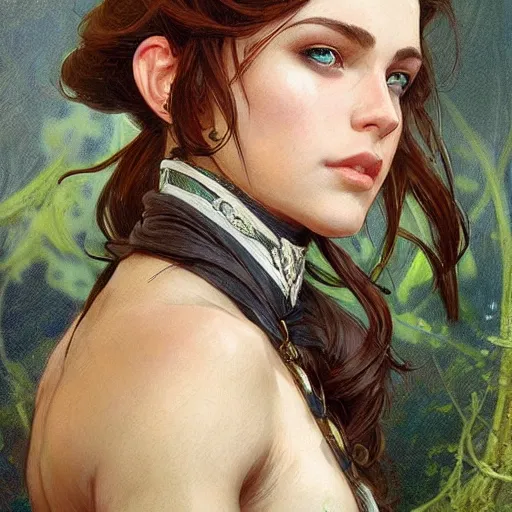 Image similar to portrait of a beautiful female ranger, upper body, D&D, fantasy, intricate, elegant, highly detailed, digital painting, artstation, concept art, smooth, sharp focus, illustration, art by artgerm and greg rutkowski and alphonse mucha