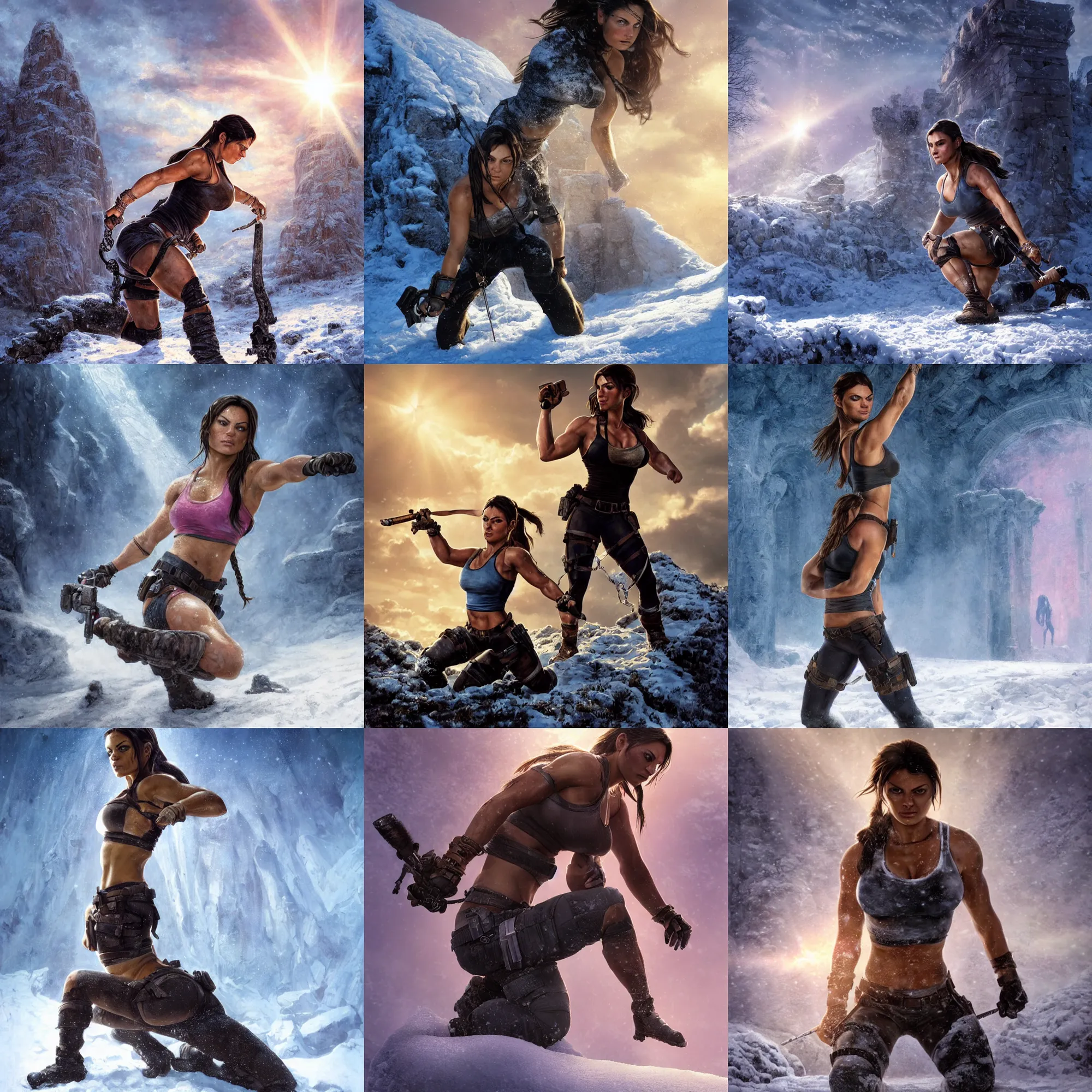 Image similar to epic portrait of muscled Mila Kunis as Lara Croft kneeling in deep snow, ancient ruins, blue hue prism, sun rays through snow, pink golden hour, wind swept snow, intricate, highly detailed, shallow depth of field, epic vista, Ralph Horsley, Daniel F. Gerhartz, Artgerm, Boris Villajo, Lilia Alvarado