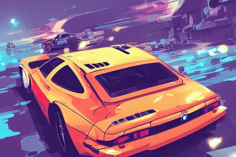 Image similar to digital illustration of bmw m 1 by makoto shinkai, ilya kuvshinov, lois van baarle, rossdraws, basquiat | afrofuturism, in the style of hearthstone, trending on artstation | cool color scheme