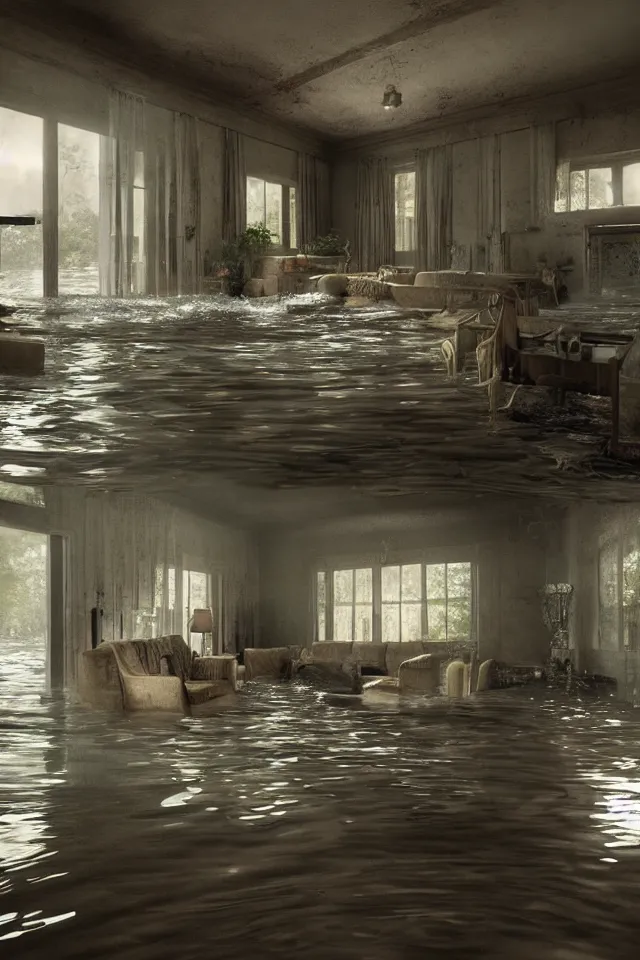 Image similar to flooded house interior, hyperdetailed, octane , hyper realistic , detailed , interior , hyperfocal 8k , in the style of Gregory Crewdson