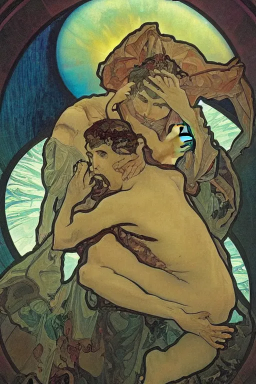 Image similar to saturn devouring his son painting by alfons mucha