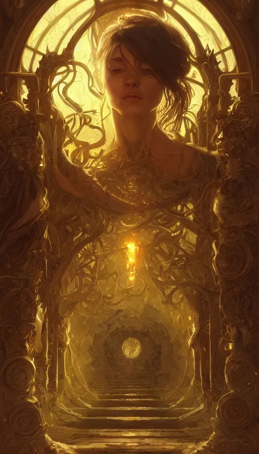 Image similar to gates to hell, fibonacci, sweat drops, insane, intricate, highly detailed, digital painting, artstation, concept art, smooth, sharp focus, illustration, Unreal Engine 5, 8K, art by artgerm and greg rutkowski and alphonse mucha