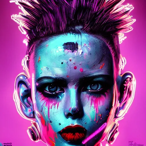 Image similar to splashes of neon, punk portrait made out of paint, trending on artstation, epic composition, emotional, beautiful, rendered in octane, highly detailed, realistic, tim burton comic book art, sharp focus, perfect eyes