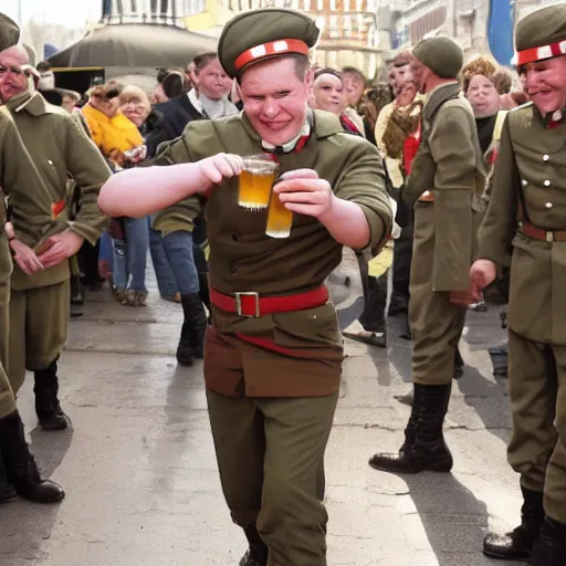 Prompt: soldier with soviet uniform holding a beer and dancing