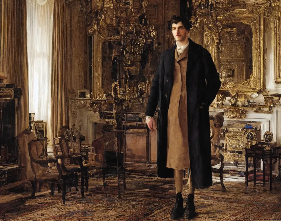 Prompt: Benjamin Nethanyahu wearing an overcoat and knee-length black boots stands in the living room of a beautiful ornate baroque English mansion, adebanji alade, lawrence alma-tadema, george goodwin kilburne