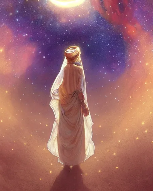 Image similar to bedouin child praying in galaxy walking towards mosque surrounded by nebula, highly detailed, gold filigree, romantic storybook fantasy, soft cinematic lighting, award, disney concept art watercolor illustration by mandy jurgens and alphonse mucha and alena aenami, pastel color palette, featured on artstation