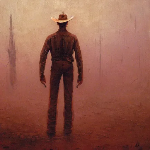 Prompt: a horrific oil painting of a cowboy in a dystopian horror town, beksinski, high detail, 4 k, brushstrokes