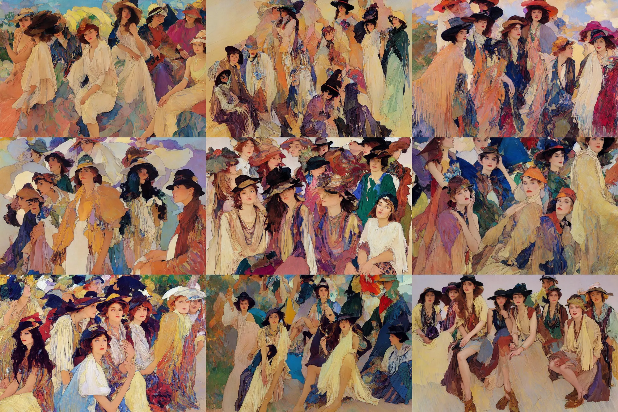 Prompt: portrait of group of fashionable young womans wearing rich jewerly hat and boho poncho, sitting dynamic pose, Low poly, thunder clouds in the sky, artwork by Joaquin Sorolla and nikolay feshin and filipp malyavin and Dean Ellis and mucha and Detmold Charles Maurice, simple form, brutal shapes