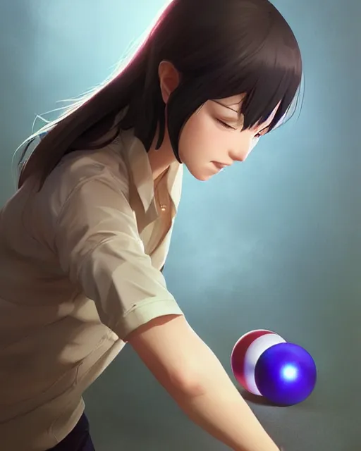 Image similar to a girl bowling, medium shot, visible face, detailed face, perfectly shaded, atmospheric lighting, by makoto shinkai, stanley artgerm lau, wlop, rossdraws