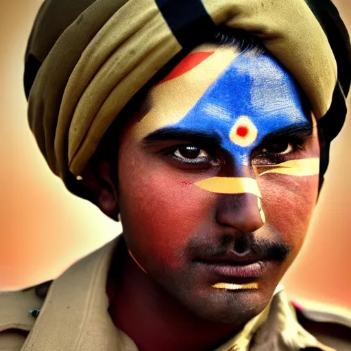 Image similar to a dramatic photograph of soldier from india, indian flag painted on his face, cinematic lighting