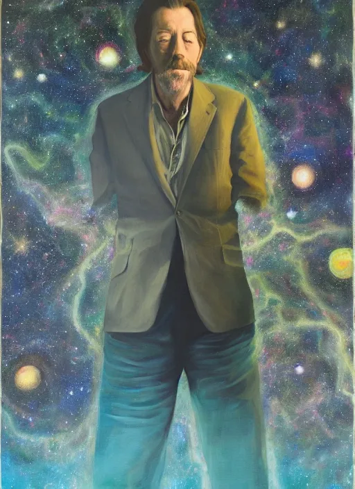 Image similar to alan watts floating in the universe full body oil on canvas painting highly detailed, featured on artstation