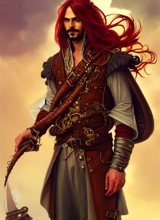 Image similar to full body shot of male airship pirate, D&D, handsome, fantasy, intricate, long hair, airship, steampunk, red hair, elegant, highly detailed, digital painting, artstation, concept art, smooth, sharp focus, illustration, art by artgerm and greg rutkowski and alphonse mucha