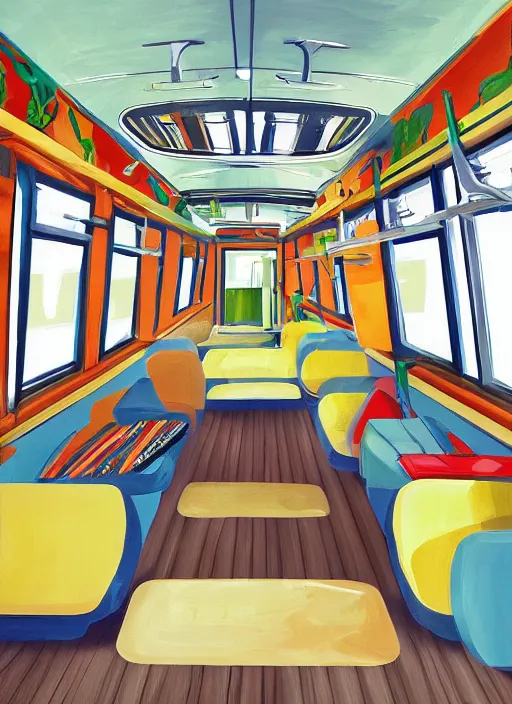 Image similar to interior design of a schoolie, mid - century modern converted school bus interior design by philippe starck and victoria hagan, detailed digital painting masterpiece, gorgeous, 4 k