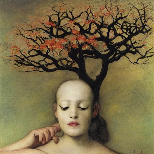 Image similar to tree where the trunk is a beautiful woman's head blooming with flowers, by Odd Nerdrum, by Francisco Goya, by M.C. Escher, beautiful, eerie, surreal, colorful