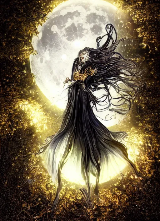 Image similar to glowing silver and golden elements, portrait, A beautiful dark witch in front of the full big moon, book cover, green forest, red white black colors, establishing shot, extremly high detail, foto realistic, cinematic lighting, pen and ink, intricate line drawings, by Yoshitaka Amano, Ruan Jia, Kentaro Miura, Artgerm, post processed, concept art, artstation, matte painting, style by eddie, raphael lacoste, alex ross