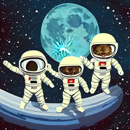 Image similar to pulp illustration of kittens in space suits on the moon