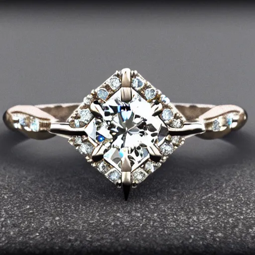 Image similar to photo of engagement ring with two diamonds outside and one in the middle, realistic, hyper detailed, concept art, victorian, multiple angles