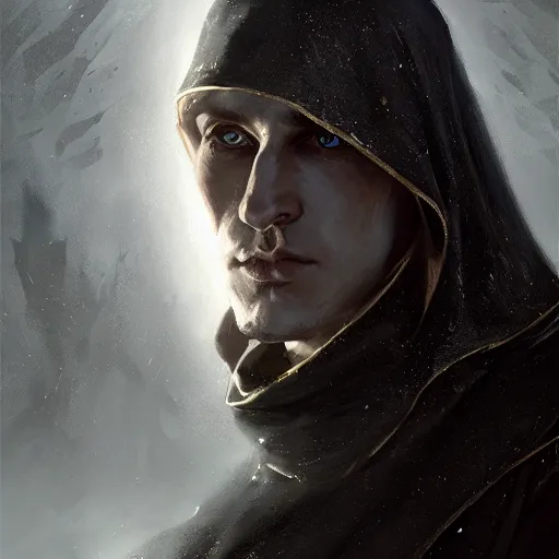 Prompt: portrait of a mysterious and cunning male high elf inquisitorial agent wearing a black hooded agent's cloak, by Raymond Swanland Greg Rutkowski Lise Deharm, intricate, masterpiece, sharp, digital art, full head, ArtStation, CGStation, 8k