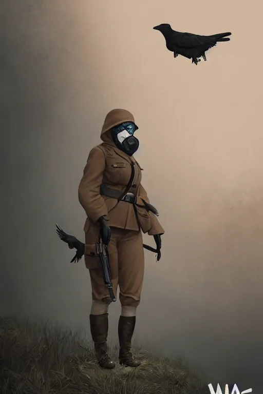 Image similar to ww 1 british sas female masked operative with the standard black uniform and a white porcelain crow mask, artstation, trending on artstation, establishing shot, by simon stalenhag