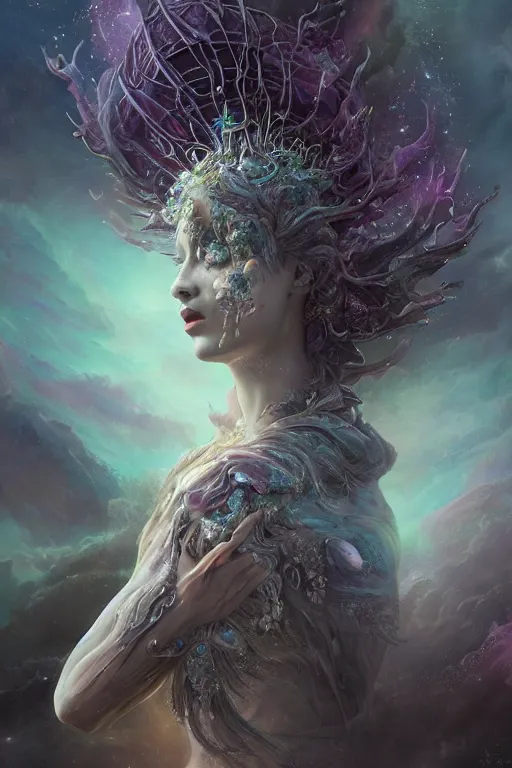 Prompt: beautiful detailed cgi matte painting female space empress of the andromeda, by ellen jewett, alessio albi | symmetrical features, ominous, alluring, vivacious, realism, intricate, ornate, royally decorated, organic, growth, whirling nebulas, glowing particles, colorful refractive adornments, torn nebulas, radiant nebula colors