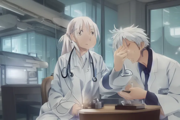 Image similar to a cute young female doctor wearing white coat are talking with an old surgeon in a hospital, slice of life anime, lighting, 8 k, hd, anime scenery by makoto shinkai