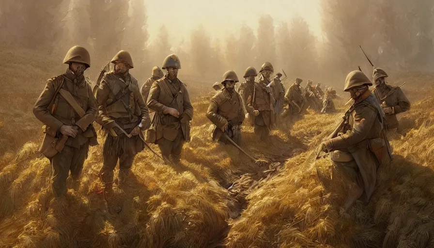 Image similar to beautiful digital painting of a group of barley surviving soldiers in a trench waiting for the war to end. cinematic lighting and rendering, atmospheric, concept art, high detailed faces, artstation by artgerm and greg rutkowski,,