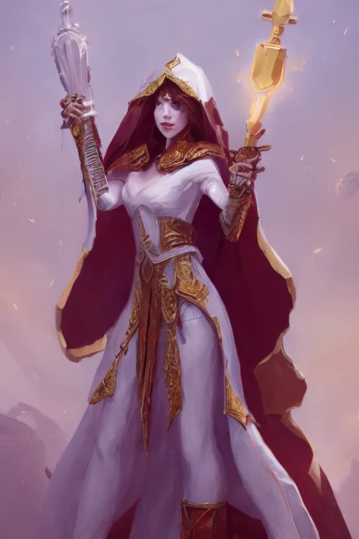 Prompt: Lady in White and gold robes, red waist-long hair, mace and shield, visible face, dungeon and dragons, high fantasy, holy energy, ornamental, symmetry, artstationhd, artstationhq, trending in artstation, safebooru