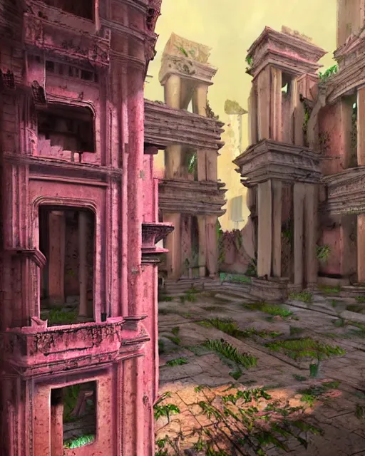 Prompt: hyperrealistic 3d render highly detailed baroque mecha iridescent pink brutalist city ruins background concept art unreal engine!! santiago caruso de chirico sharp very dramatic green light 8k low angle shallow depth of field