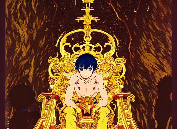 Image similar to key anime visual portrait of a king's throne, king, servants, dynamic pose, cinematic, film grain, designed by yoh yoshinari and kuvshinov, detailed, intricate, at night, dramatic lighting, interior by gustav klimt