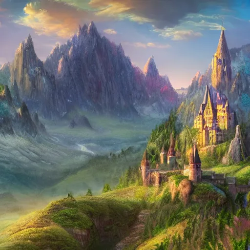 Image similar to A beautiful image of a fantasy landscape with towering mountainst and small castles scattered along a deep valley, 4k