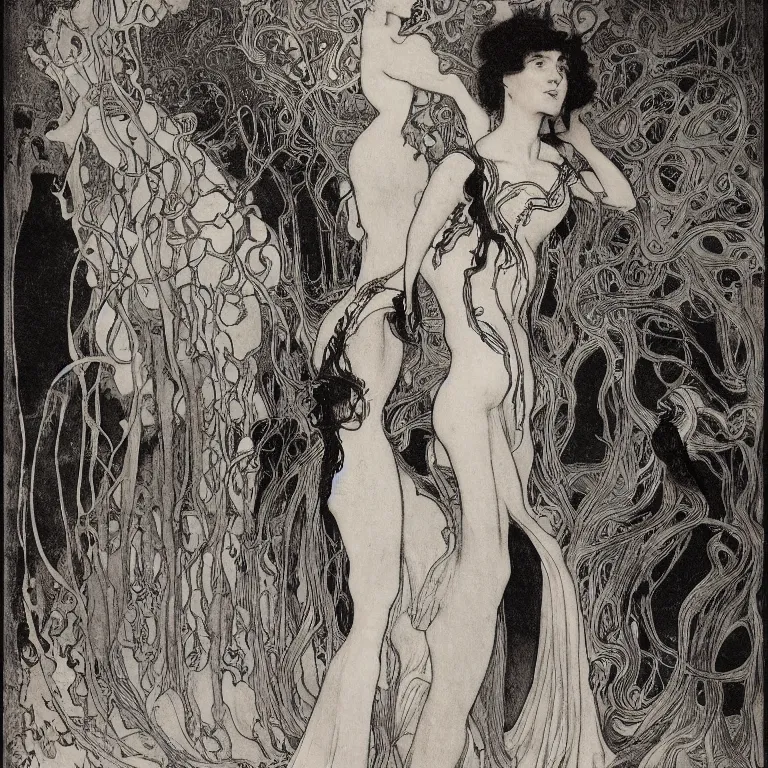 Image similar to A woman stands in a black room with a black dress with a cut-out on the back, Anton Pieck,Jean Delville, Amano,Yves Tanguy, Alphonse Mucha, Ernst Haeckel, Edward Robert Hughes,Stanisław Szukalski and Roger Dean