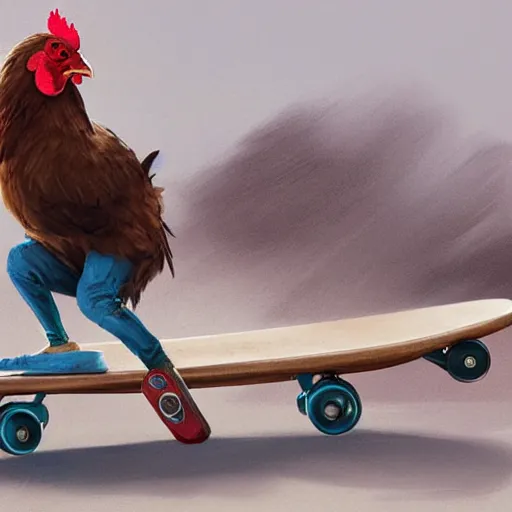 Image similar to a chicken riding a skateboard in california los angeles by greg rutkowski