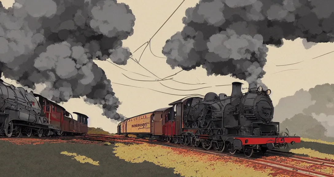 Prompt: side close - up view of a steam train, autumn light, smoke, beautiful, by studio ghibli, by tomono yoshiyuki, digital art, concept art, smooth, sharp focus, illustration