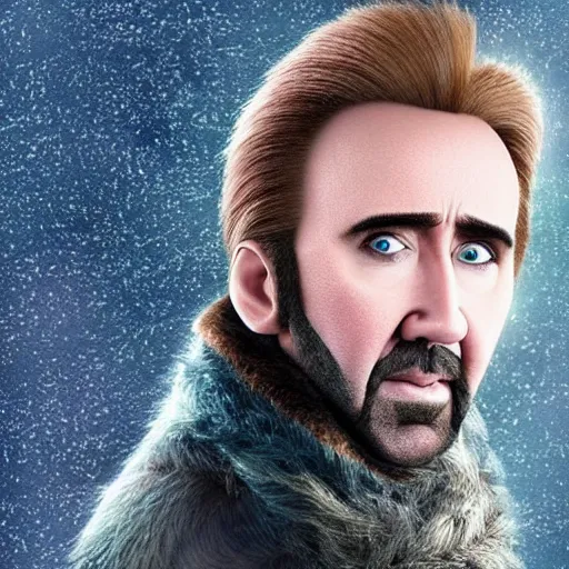 Prompt: Nicolas Cage playing Elsa in Frozen (2013), film still, photo