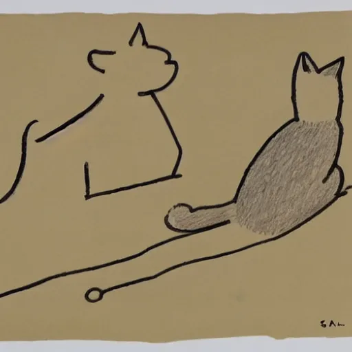Prompt: saul steinberg drawing of a sphinx playing with a cat.
