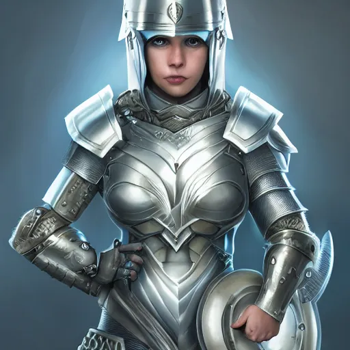 Image similar to fantasy paladin woman, symmetrical portrait, centered view, short blonde hair, blue eyes, level 1 plate armour, pale skin, 4k, by wlop, artgerm, andrei riabovitchev, nuri iyem, james gurney, james jean, greg rutkowski, highly detailed, soft lighting 8k resolution