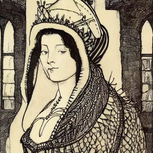 Image similar to Anne Boleyn is a bird, avian, illustration in the style of Arthur Rackham