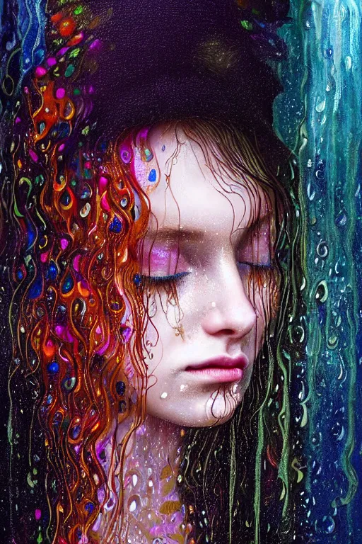 Image similar to portrait of a girl in psychedelic LSD rain with wet hair and face, fantasy, intricate, elegant, dramatic lighting, emotionally evoking symbolic metaphor, highly detailed, lifelike, photorealistic, digital painting, artstation, concept art, smooth, sharp focus, illustration, art by John Collier and Albert Aublet and Krenz Cushart and Artem Demura and Alphonse Mucha