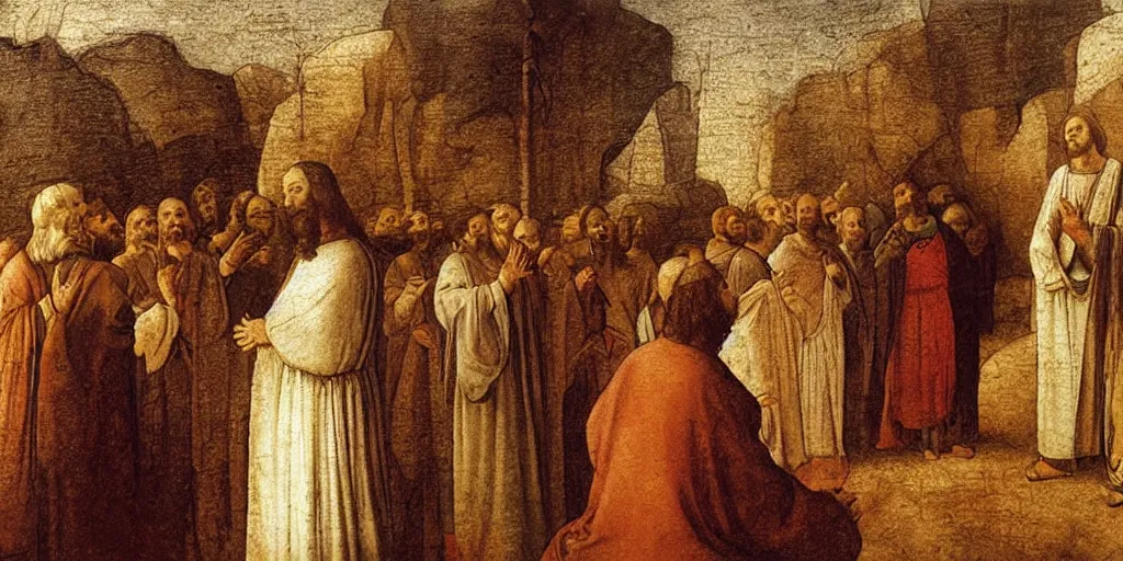 Image similar to high queality painting, jesus christ talking to the people in judea, by leonardo davinci