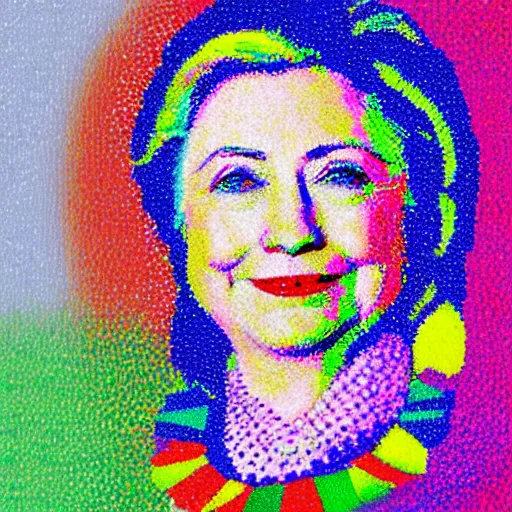 Image similar to very very very colorful pointillist portrait of hillary clinton wearing a beautiful necklace, painted by georges seurat