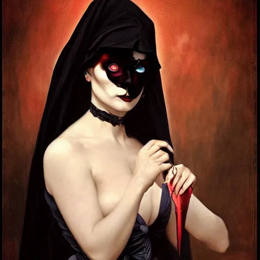 Prompt: Demonic beautiful vampire woman mistress of death mourning widow vintage gown with a faint smile dark lipstick, emerging from dark fog and smoke, colourful trending artstation, detailed portrait academic caravaggio Bouguereau, sharp focus medium shot