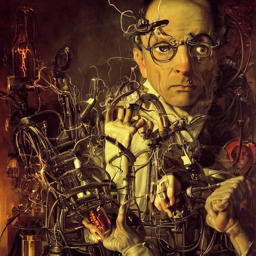 Prompt: a baroque neoclassicist close - up portrait of a retrofuturistic horror mad scientist in a dark laboratory with electricity and high voltage lightning. renaissance portrait painting. highly detailed science fiction painting by norman rockwell, frank frazetta, and syd mead. rich colors, high contrast, gloomy atmosphere, dark background. trending on artstation