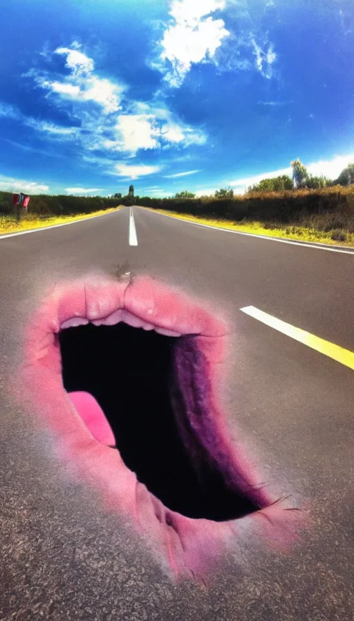 Image similar to phone photo of a giant mouth open on an asphalt road, realistic photo, gopro, looming, colorful, eerie